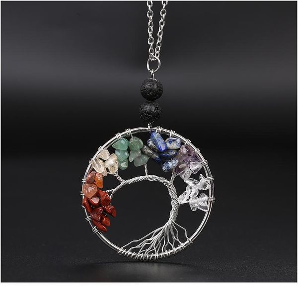 

chakra jewelry rainbow natural stone lava beads wrap wisdom tree of life antique copper plated round pendant necklace wo qyluyi, Black