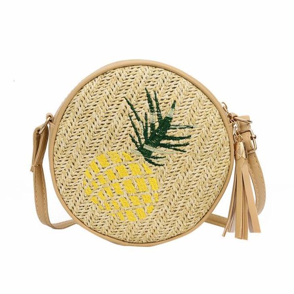 

new pineapple embroidered round bag, simple one shoulder slant span women's bag, straw woven sale