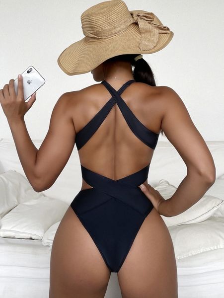 

criss cross halter cut out one piece swimsuit 62mq#, White;black
