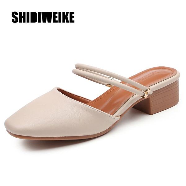 

sandals slippers summer 2021 square thick heel single shoes baotou mid-heel high large size women's va422, Black