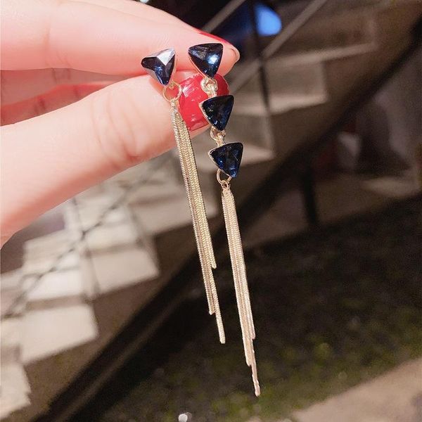 

dangle & chandelier long chain blue crystal drop earrings for women big geometry triangle korean earring wedding fashion jewelry 2021, Silver