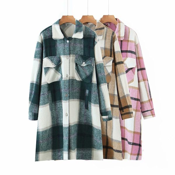 

2021 new women baggy sweet plaid wool blend shirt jackets fashion turn-down neck jacket cute girls chic coats streetwear g3x6, Black