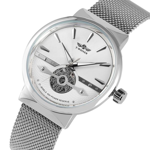 

winner automatic mechanical mesh stainless steel men's wrist watch hook buckle self-winding men watches, Slivery;brown