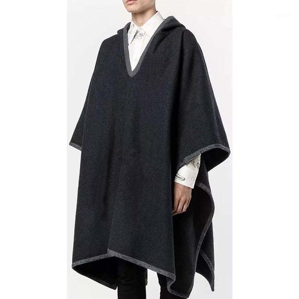 

retro coat men's long section autumn and winter cloak shawl coat tide dark gray hooded cloak wool hooded1, Black