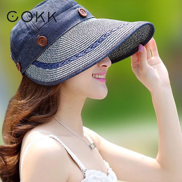 

cokk wide large brim floppy beach sun straw hat button summer hats for women anti-uv visor cap female t200605, Blue;gray