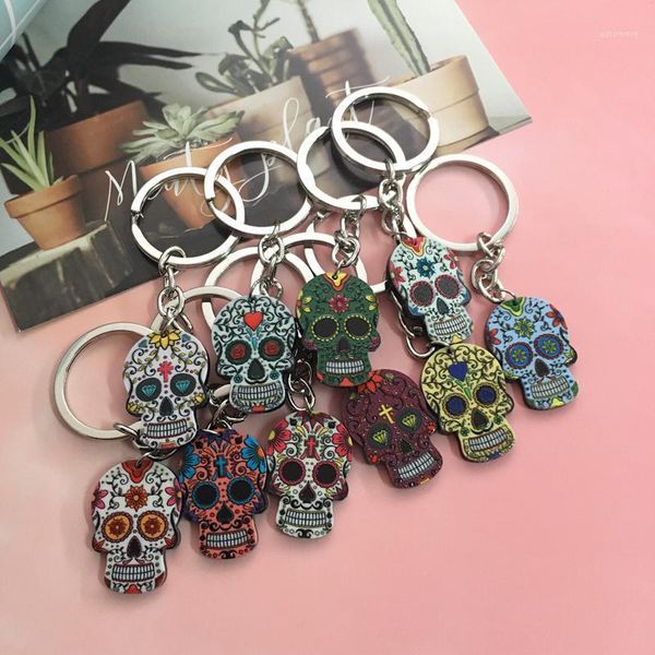 

skull keychains calavera sugary-sweet cute skull key chain keyrings for friend family party gift fur pom pom keychain for bag1, Silver