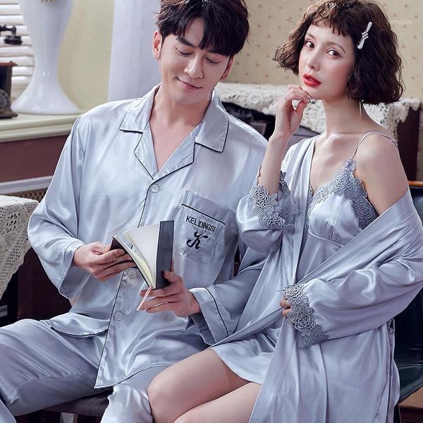

2pcs pajamas suit nightwear couple satin sleep set men casual shirt&pants sleepwear women twinset robe gown home clothes pijamas1, Black;brown