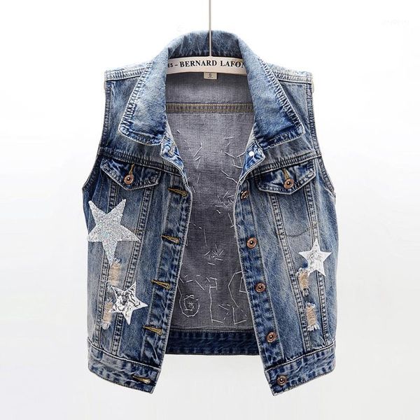 

2020 spring short jeans vest women fashion sequins star sleeveless jacket vintage hole denim waistcoat wild ladies vest d35931, Black;white