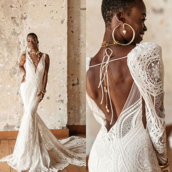 

mermaid wedding dresses deep v neck sleeveless appliques lace bridal gowns spring custom made open back sweep train wedding dress, White