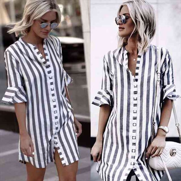 

Women Horn Sleeve Striped Half Sleeve Tops Long Blouse Ladies Striped Trumpet Sleeves Long Shirt Top 2 Colour 5 Size, White