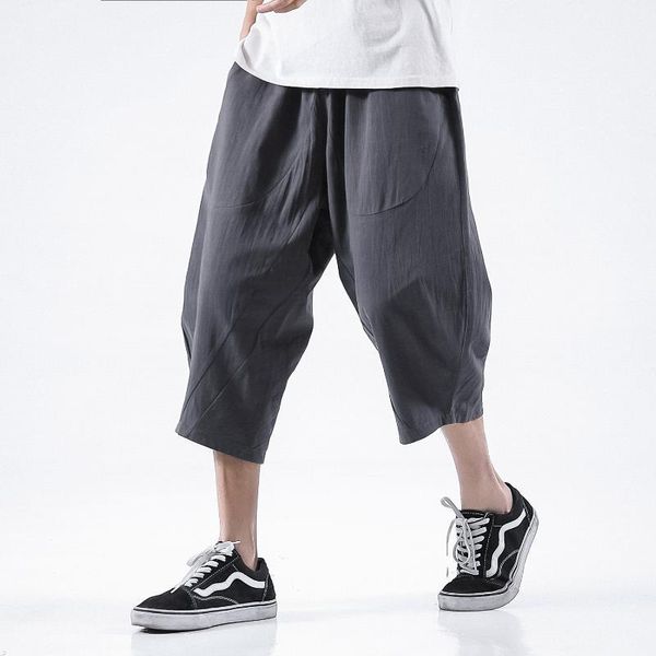 

men's summer cotton linen wide leg casual pants loose capri large size shorts comfortable kg-99, Blue