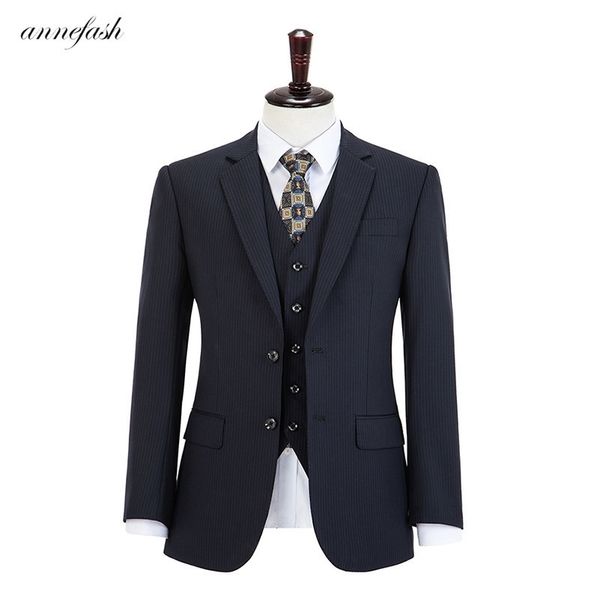 

custom made worsted wool navy stripe business suit men slim fit suit(jacket+pants+vest) 201106, White;black