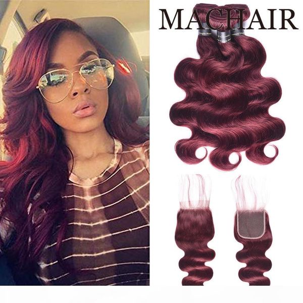 

99j burgundy red color brazilian body wave with closure 3 4 bundles human hair weave lace closure human hair bundle with closure, Black;brown