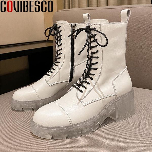 

covibesco concise genuine leather women's mid-calf boots platform round toe thick heels pumps winter wedding party shoes woman, Black
