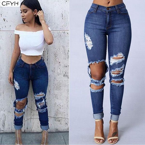 

hole ripped jeans women jeans woman for girls stretch high waist skinny female pants plus size xxl, Blue