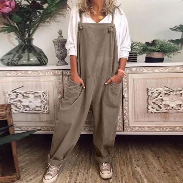

womens cotton and linen jumpsuit plus size casual loose overalls solid color pockets jumpsuit drop shipping, Black;white