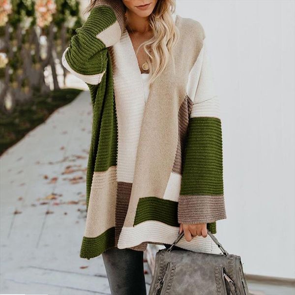 

large size autumn and winter new loose european and american style geometric color matching cardigan sweater, White;black