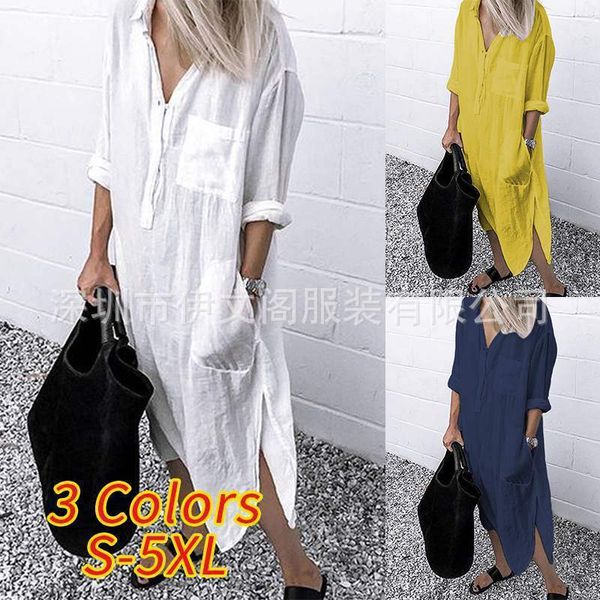 

2019 elegant medium length shirt three color dress autumn beach skirt button coat women long sleeve, Black;gray