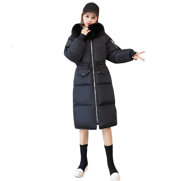 

2021 new women's winter coat new fall down black cotton coats plus beige thick heat leather with hood parkas feminine
