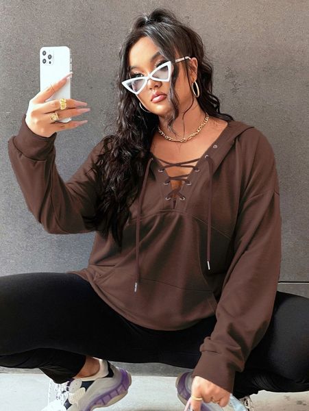 

plus grommet lace up drop shoulder kangaroo pocket hoodie 257o#, Black