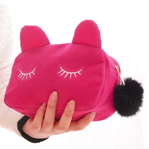 

purdored 1 pc portable cartoon cat cosmetic bag coin storage case travel makeup bag pouch with fur ball neceser dropshipping