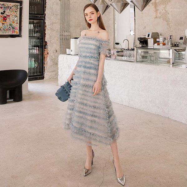 

party dresses yigelila fashion women summer mesh long dress elegant off-shoulder solid empire slim mid-length a-line 655891, White;black