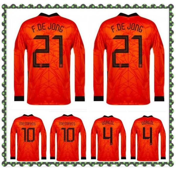 

20 21 netherlands long sleeve soccer jersey national team f.de jong memphis de ligt 2020 2021 football full shirt jerseys, Black;yellow