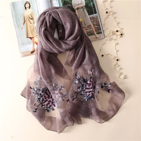 

new silk scarf women fashion stereoscopic embroidered silk scarves shawl wrap winter neck scarf femme hijab y201024, Blue;gray
