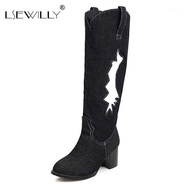 

lsewilly retro western cowboy denim boots knee high women block heel riding knight jean boots blue large size 34-48 autumn shoes1, Black