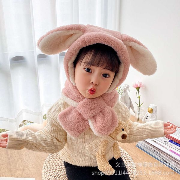 

2020 new scarf integrated imitation rabbit plush thickened ear protection lei feng cartoon children's hat, Red;brown