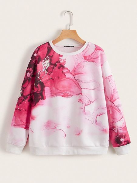 

emery rose floral print drop shoulder thermal lined sweatshirt f23a#, White;black