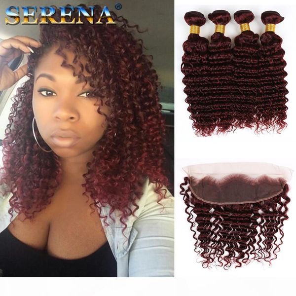 

bright #99j wine red deep wave virgin hair with 13x4 lace frontal closure 5pcs lot 9a burgundy deep curly human hair bundles with closure, Black;brown