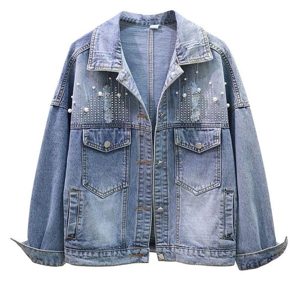 

2020 autumn denim jacket women casual loose jeans jackets beading long sleeve plus size bomber jacket streetwear denim coat p505, Black;brown