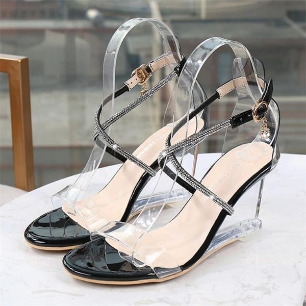 

new wedge heel women's sandals transparent crystal high heels summer women sandals peep toe woman shoes gold silver, Black