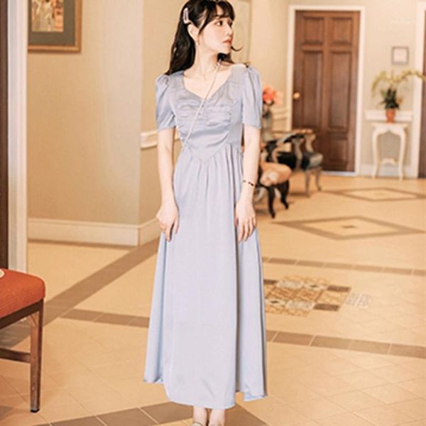 

fashion the new v-neck wrinkle bubble sleeves waist down dress, Black;gray