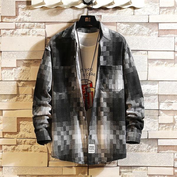 

men's casual shirts 2021 inspired mosaic plaid shirt men harajuku single pocket vintage clothing long sleeve loose checkered male, White;black