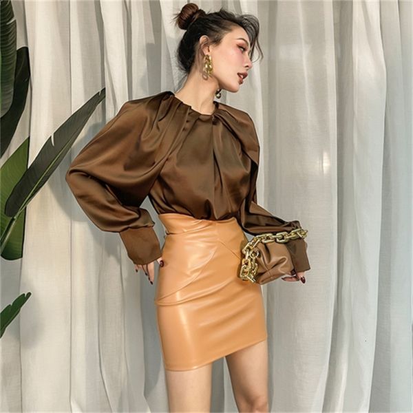 

2021 new autumn vintage lean coffee with no hollow back off shirt an elegant piece sleeve women's blouse throughout the game zv6i, White