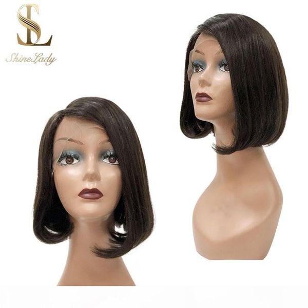 

shinelady side part wig human hair lace wigs straight human hair wigs natural color 10 inch brazilian remy curly short wig, Black;brown