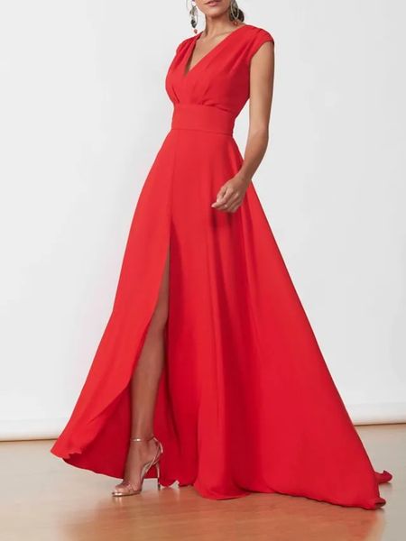 

simple red evening dress 2022 v neck sleeveless floor length chiffon slit prom gowns formal party wear robe de soiree vestidos de fiesta, Black;red
