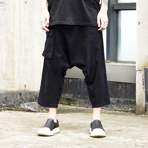 

men's pants men summer cottton linen loose casual black low crotch harem cross male streetwear hip hop punk gothic kimono trousers mid1