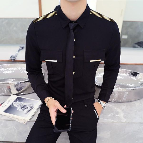 

men's casual shirts classic youth men long sleeve fashion el ktv leisure shirt asian size 5xl slim design black, White;black