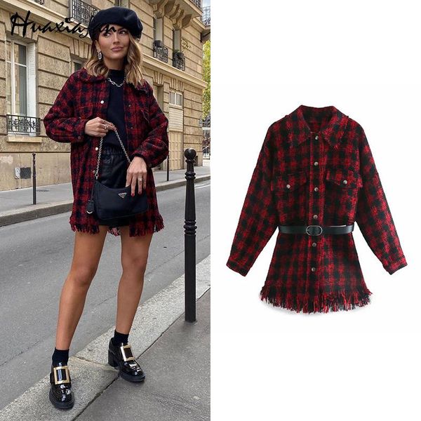 

huaxiafan fashion dresses for women 2020 fringed trim tweed red plaid tassel mini dress office ladies with belt winter dress, Black;gray