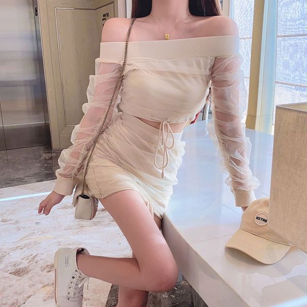 

yellow one shoulder mesh sleeve suit women 2020 new skirtnew skirt two sets of foreign style skirt lqphr, Gray