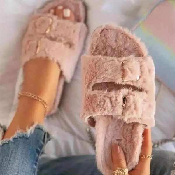 

2020 fall/winter new plus size women's shoes flat candy-colored plush slippers home double buckle sandals comfortable flip flop #ax0c