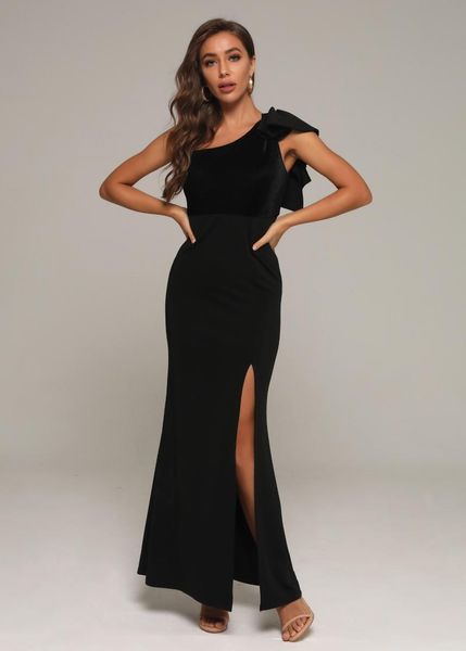 

2020 new style one-shoulder strapless backless slit celebrity elegant women body con evening party long dresses wholesale, Black;gray