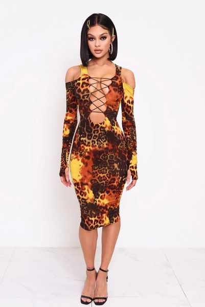 

leopard print bodycon dress women autumn fashion long sleeve off shoulder eyelet lace-up ladies midi dress club vestido, Black;gray