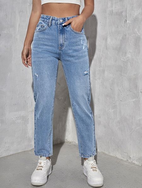 

high waisted ripped mom fit jeans q6ow#, Blue