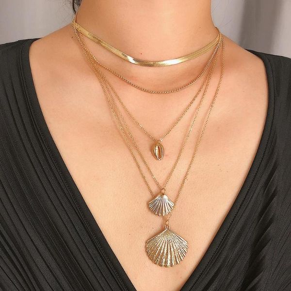 

bohemian women cubic zirconia inlaid seashell pendant multi-layer chain necklace, Silver
