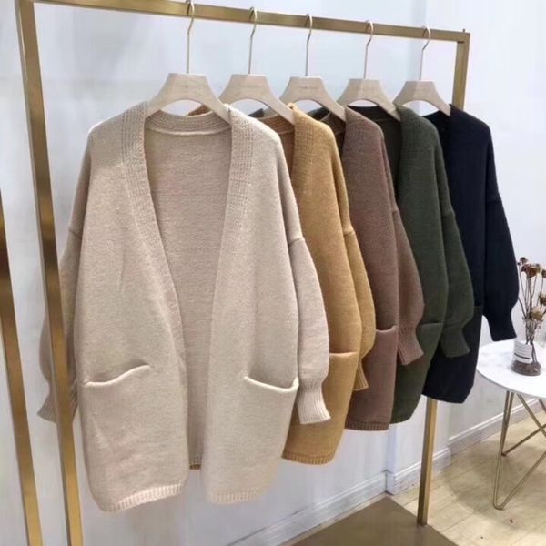 

mriik 2020 new sweatercoat wear korean pocket long loose women's sweaterlantern sleeve lazy wind thick needle medium sweater coat gju, White;black