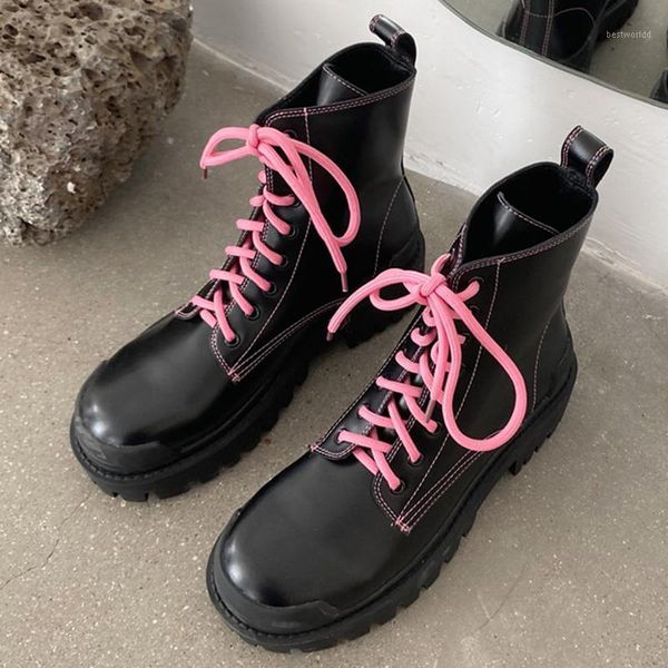 

boots 2021 winter trending women leather pink ankle lace up sewing red short platform ladies party shoes1, Black